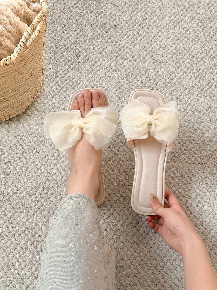 XIXITIAO 仙女风甜美网纱蝴蝶结拖鞋，防滑百搭休闲软底凉鞋，适合沙滩、海边、散步、度假等场合穿着