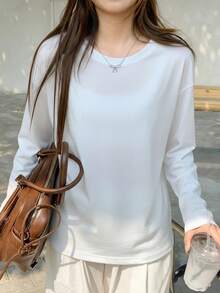白色女士T恤，简约圆领上衣，秋季休闲春季新品 - 白色 - 查看 2