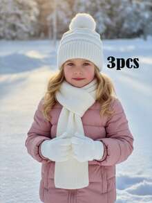 3 delar/set för barn, unisex, stickad mössa + handskar + halsduk, 3 delar, varmt vinterset, koreansk stil - 3-delad pom-pom-version - Visa 6