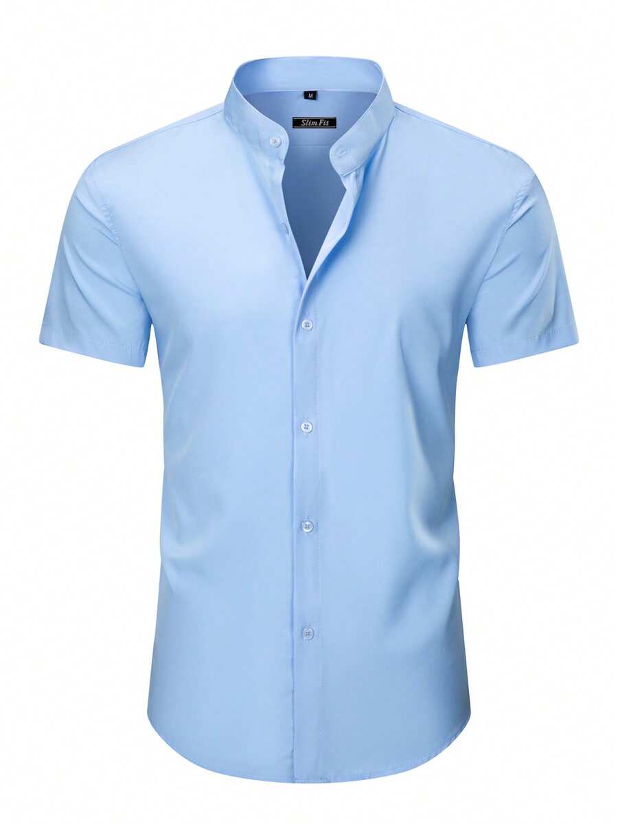 Rand paul Men's Modern Short-Sleeve Shirt With Mandarin Collar, Stretchy Fabric, And Slim Fit Cut. - 淺藍色 - 查看 1