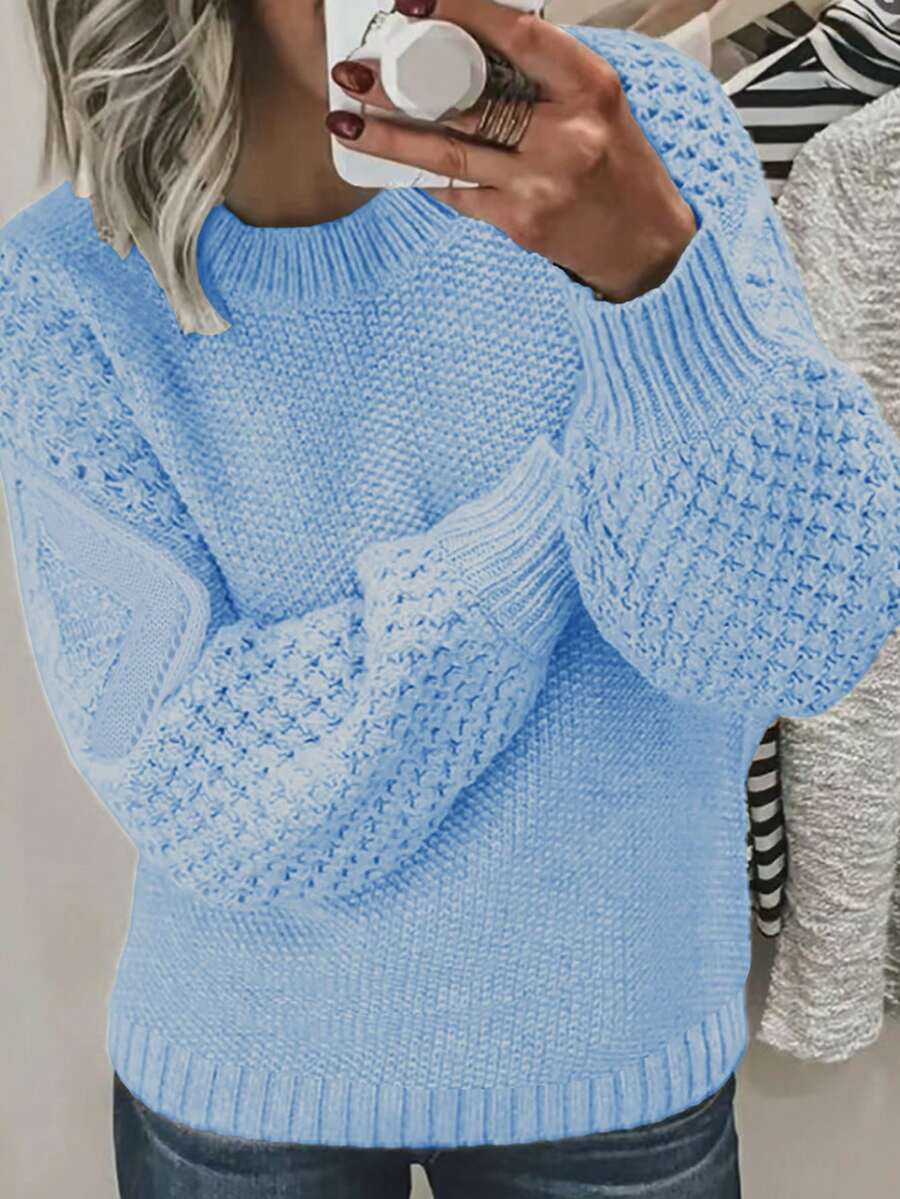 Áo len dài tay cổ tròn màu trơn thường ngày cho nữ, mùa thu/đông - Màu xanh lam - Xem 1