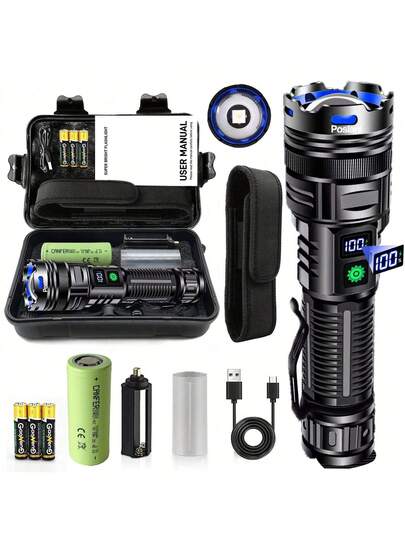  Poslani 手电筒高流明可充电，100000 流明 LED 手电筒 XHP70.2 USB 超亮闪光灯电池供电，适用于紧急情况露营的强力手持手电筒，IP67 防水