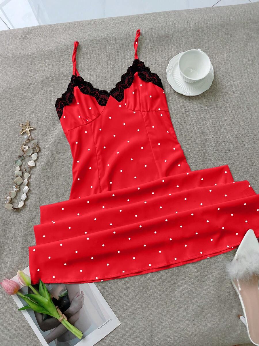 Yuwenier Elegant Romantic A-Line Satin Polka Dot Print Maxi Dress, Lace Patchwork Camisole Strap Backless Design, Suitable For Valentine's Day, Music Festival, Vacation, Beach - Red - View 1