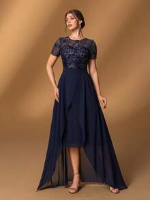 Faeriesty Mosy 女士刺绣短袖亮片撞色雪纺正式派对礼服及新娘母亲礼服，适合晚宴、宴会、婚礼及红毯活动 - 藏蓝色 - 查看 5