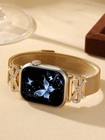 1pc Elegante Goud Bow Tie Magnetic Mesh Stainless Steel Horloge Women Compatible Apple S11/10/9/8/7/6/5/4/3/2/1/Se/Ultra, 46/49/38/40/41/42/44/45mm, Charm view 7