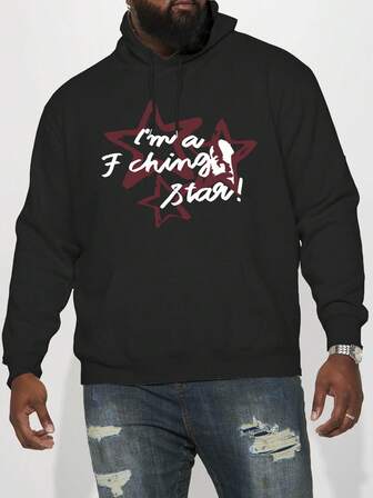 1 قطعة بلوفر رجالي أسود كبير الحجم مع كابوشون، طباعة نجوم عتيقة، مبطن بالبطانة الفليس، سميك، أسلوب الشارع، خريف/شتاء