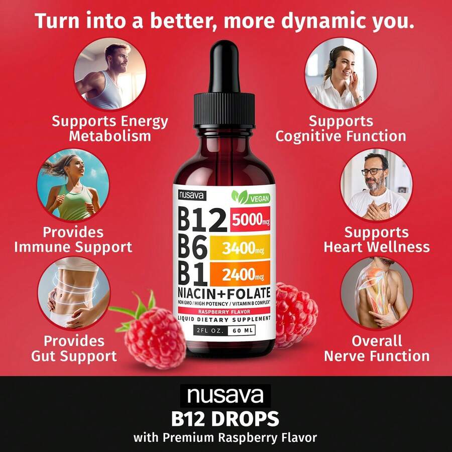 Gotas líquidas de vitamina B12 y B6, complejo de vitamina B sublingual B12 - Vitamina B 12 5000 mcg - Metilcobalamina B12 para apoyo energético, cerebral y cardíaco con 27200 mcg, frambuesa, 40 porciones,vitaminas para mujer
