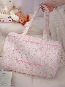 Fashionable Travel Fitness Tote Bag Gym Bag Large Capacity Yoga Bag Quilted Floral&Bow Handbag Multifunctional Duffel Bag Weekender Overnight Sports Bag Travel Business Trip Luggage Handbag Weekend Commute Handbag Handbag For Travel Daily Lift ,Outing ,Work - 粉色 - 查看 2