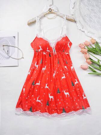 Women's Christmas Reindeer Print Contrast Lace Milk Silk Camisole Nightgown