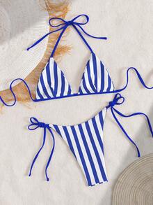 Women's Swimsuit; Fashionable; Purple Two Pieces Swimwear; Summer Beach; Bikini Set; Random Print. - Blue - View 5