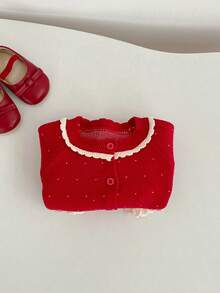 秋冬新款婴儿服装，可爱爱心兔子提花针织开衫，圆领长袖红色圣诞新年风格开襟毛衣 - 紅色 - 查看 8