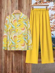 Women's Casual Printed 2 Pieces Set, Includes Printed Top And Wide-Leg Pants