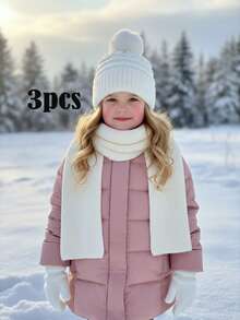 3 delar/set för barn, unisex, stickad mössa + handskar + halsduk, 3 delar, varmt vinterset, koreansk stil - 3-delad pom-pom-version - Visa 14