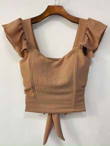 Yiang Cropped Blouse With Padding And Tie Back, Dune Fabric - Khaki - View 1