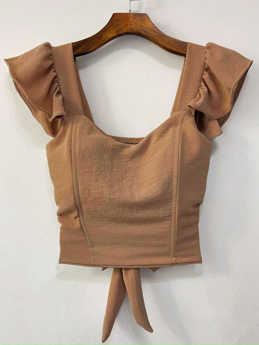 Yiang Cropped Blouse With Padding And Tie Back, Dune Fabric - Khaki - View 1