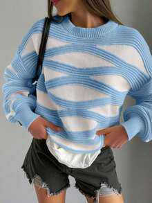 FOR BEAUTY Áo len nữ Y2K sọc cổ tròn tay lồng dài dáng rộng thanh lịch casual mặc đi chơi màu trơn thu đông - Màu xanh nhạt - Xem 2