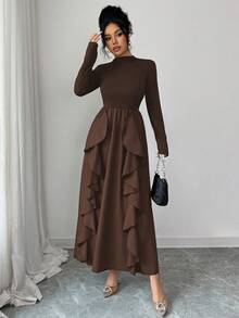 Solid Color Casual Elegant Conservative Ruffle Hem Dress, Suitable For Daily, Festivals, Birthday Parties, Valentine's Day And Other Occasions In Autumn - Coffee Brown - View 5