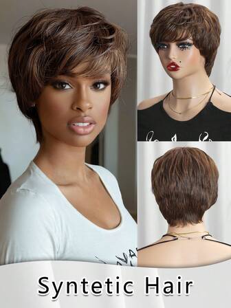 Pelucas cortas de corte pixie - Peluca ondulada de 10 pulgadas de color marrón mezclado con flequillo, corte en capas cortas para mujeres, cabello sintético resistente al calor adecuado para uso diario, fiestas, regalos para mujeres, decoraciones navideñas y regalos de Navidad