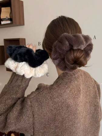 1个女士时尚优雅16厘米超大蓬松发圈，保暖舒适，适合日常佩戴，秋冬季节适用，发绳，蓬松发圈，马尾辫