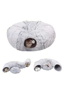1pc HUITAIYANG Cat Tunnel, Cat Bed Pet Round Cave Cat Play Tunnel, Enclosed Cat Bed For All Seasons, Thick Plush Cat Bed & Tunnel For Autumn/Winter, Light Gray