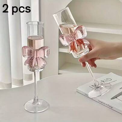 1/2pcs,Pink Bow Champagne Glasses 170ml - Crystal Clear Shatterproof Wine Cups For Wedding,Party, Elegant Flutes For Sparkling Wine, Champagne & Roostertails