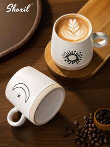 shoxil 1个陶瓷马克杯，粗面陶瓷咖啡杯，月亮图案咖啡杯，带把手咖啡杯，太阳图案咖啡杯，适合家庭、咖啡店、斋月、宰牲节 - Cup - 查看 7