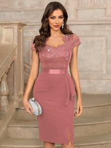 MIUSOL Sequin Lace Sweetheart Neck Ruffle Hem Cocktail Party Bodycon Dress Wedding Spring - Dusty Pink - View 2