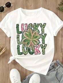 Lucky Lucky Lucky Shamrock St Patrick's Day T-Shirt Women's White Graphic Tee Festive Clover Design For Saint Patrick's Day Celebration - trắng - Xem 3