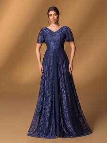 Faeriesty Mosy优雅V领蕾丝点缀正式礼服，配以精致的荷叶袖和修身A字裙摆 | 适合婚礼庆典、盛大晚宴、正式招待会、晚宴舞会、颁奖晚会等场合的优雅新娘母亲礼服 - 藏蓝色 - 查看 6