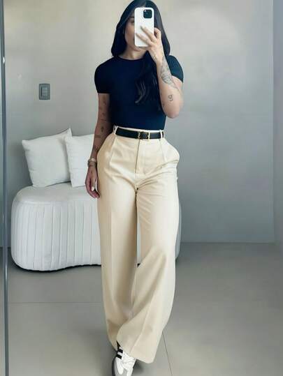 Pantalones de pierna ancha y cintura alta para mujer, pantalones de oficina casuales y elegantes, pantalones rectos de unicolor y sueltos, pantalones casuales diarios cómodos y suaves, pantalones de trabajo minimalistas y de moda para primavera/otoño