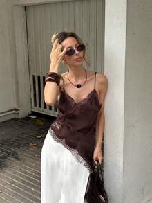 Women Summer Lace Trim Satin Camisole V Neck Spaghetti Strap Backless Asymmetrical Tops - Reddish Brown - View 2