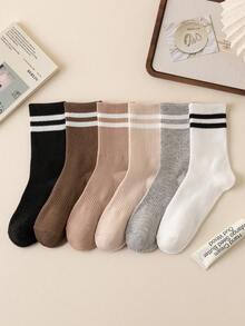 6 Pairs Stripe Design Mid-Calf Socks,Business Casual,With Elastic Band, Soft And Comfortable, Suitable For Daily Wear