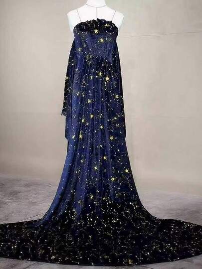 1pc Soft Stretchy Velvet Fabric - Blue, Star Pattern Design, Pre-Cut Size: 0.5 /1/2/3yards, Suitable For DIY Crafts, Tablecloths, Sofas, Toys, Curtains, Backdrops