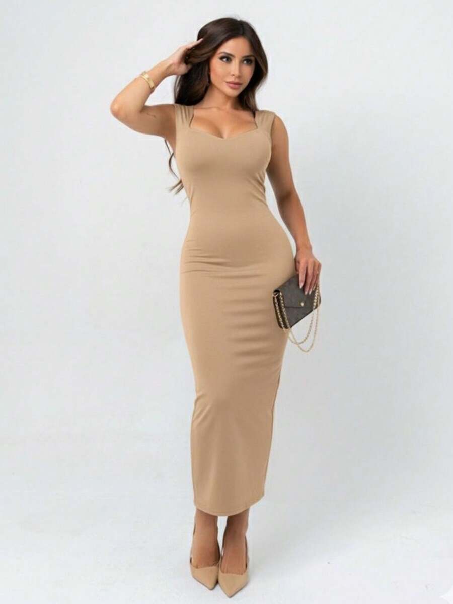 Solid Color Midi Dress With Square Neckline, Bodycon Dress, Summer, Christmas - Beige - View 1