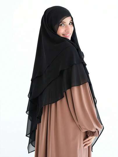 قطعة واحدة من الخمار المسلم النسائي ذو الطبقات الثلاث من الشيفون، الحجاب الوجه غير متماثل، لون أحادي، أنيق وأنيق، مناسب للارتداء اليومي والصلاة للمسلمات