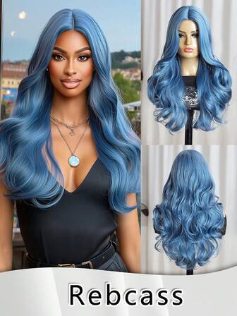 Blue Color Wig With No Bangs Long Body Wave Wig For Women 26Inch Synthetic Heat-Resistant Hair Gifts For Women Christmas Decorations Christmas Gifts Costume Wig Layered Style Hair For Daily And Party Use High-Quality Women's Natural And Beautiful Synthetic Soft Fake Fiber Hair Christmas