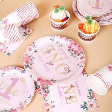 1st Birthday Pink Floral Disposable Plates, Napkins, Cups, Party Supplies For 16 Guests, Disposable Paper Plates For Birthday, Wedding, Party, Family Picnic - Multicolor - View 5