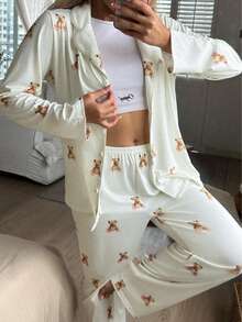Nina Bonheur 2pcs Women Bear Print Button Front Long Sleeve Pajama Set - Shirt + Drawstring Pants, Cute Sleepwear Suit - Apricot - View 8