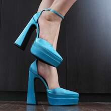 Women's 6 In Chunky Platform Heels For Women Block High Heels Ankle Buckle Sandals Pumps - Màu xanh lam - Xem 10