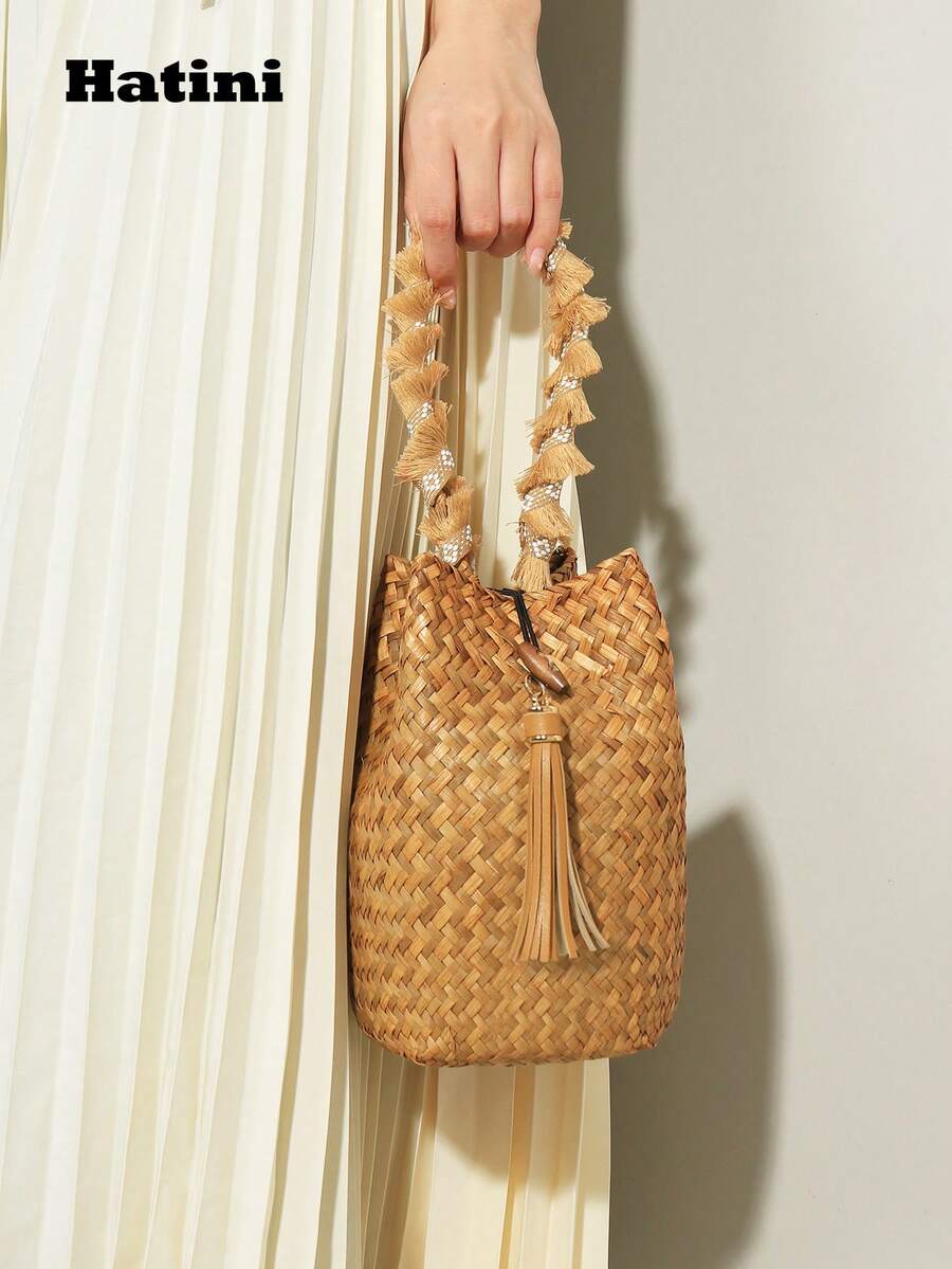 1pc Bohemian Style, Fashionable Tassel Woven Bag, Casual Vacation Beach Tote, Outdoor Picnic Party Handbag, Suitable For Women Office, Commute, Date, Shopping, Leisure, Vacation, Beach, Music Festival, Party, Wedding, School (Natural Grass Woven Color May Vary Slightly), Boho - Màu Khaki - Xem 1