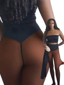 A Women's Seamless Lined Tight Pants With Added Insulation. A Faux See-Through Warm Base Pant With A New Design For Lifting The Abdomen And Enhancing The Buttocks. Suitable For Winter. Warm, Comfortable And Tummy-Controlling.  Winter - 黑透焦糖色 - 查看 2