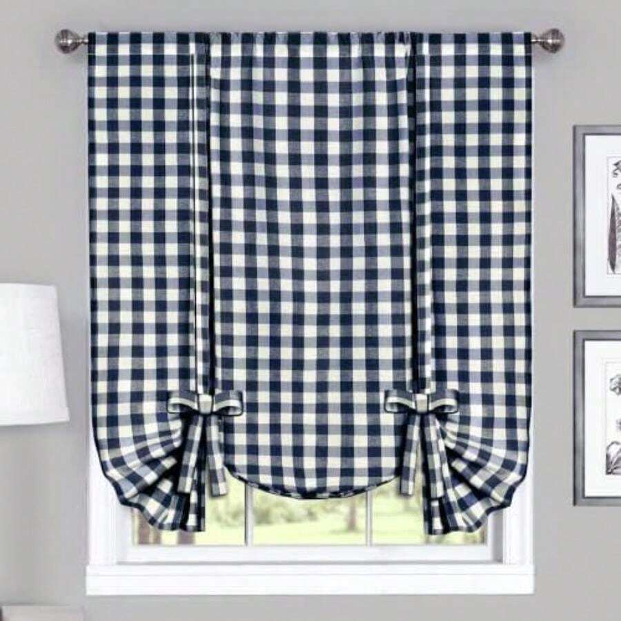 Achim Home Decor - Par de Cortinas de Ventana fruncidas a Cuadros, 72 Pulgadas de Ancho, 63 Pulgadas de Largo, Cuadros es y Blancos, Cortinas de Campo filtrantes de luz para recámara, Sala de(Navy & Ivory 106.7An x 160Al cm (1 Paneles)) - Multicolor - Ver 1