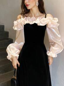 优雅中长连衣裙，复古黑色丝绒网纱长袖派对礼服，时尚露肩高开衩A字裙，适合圣诞节、新年、生日派对、通勤、正式场合。 - 黑色 - 查看 2