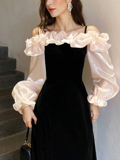 优雅中长连衣裙，复古黑色丝绒网纱长袖派对礼服，时尚露肩高开衩A字裙，适合圣诞节、新年、生日派对、通勤、正式场合。