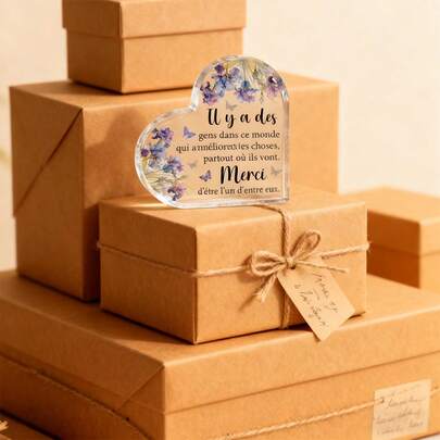 1pc French Heart-Shaped Acrylic Decor - Floral Design With French Inspirational Quote, Purple Flowers, Green Leaves And Butterfly, Home Decoration For Living Room, Bedroom, Office - Appreciation Gift For Father, Mother, Teacher, Friend, Elegant Design, Vibrant Colors, Birthday Or Party Gift