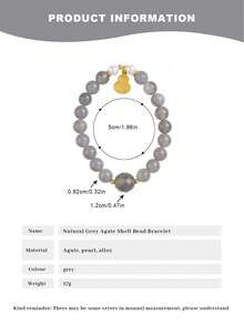 [VE] 1pc High-Quality Natural Grey Agate, Faux Pearl & Gourd Bracelet, Grey Agate Stabilizes Emotions, Shell Beads Have A Soft Luster, Gourd Symbolizes Blessings & Prosperity, Triple Protection For Body & Mind, Elastic Design Fits Wrist, Agate Bracelet, Lucky Everyday Wear, Natural Gemstone Color Varies - Grey - View 7