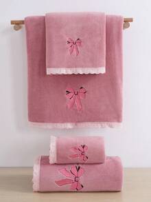 3/2/1件装珊瑚绒吸水刺绣蝴蝶结柔软超细纤维浴巾/手巾，时尚爆款，适用于浴室、酒店、健身房、旅行、送礼、沙龙、运动、户外、海滩、学校、返校季、旅行配件、家居必备 - 珊瑚粉 - 查看 3