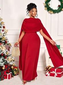 BIUBIU Bộ jumpsuit dáng ôm màu trơn thanh lịch dành cho nữ cỡ lớn mùa thu đông, cổ áo xếp ly, chất liệu satin co giãn cao, thích hợp làm váy dự tiệc/trang phục năm mới/trang phục Giáng sinh/trang phục đi chơi mùa xuân. - Màu Đỏ Sâu - Xem 5