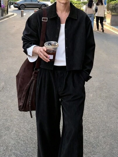 2 件男士纯色简约短衬衫夹克和直筒裤套装