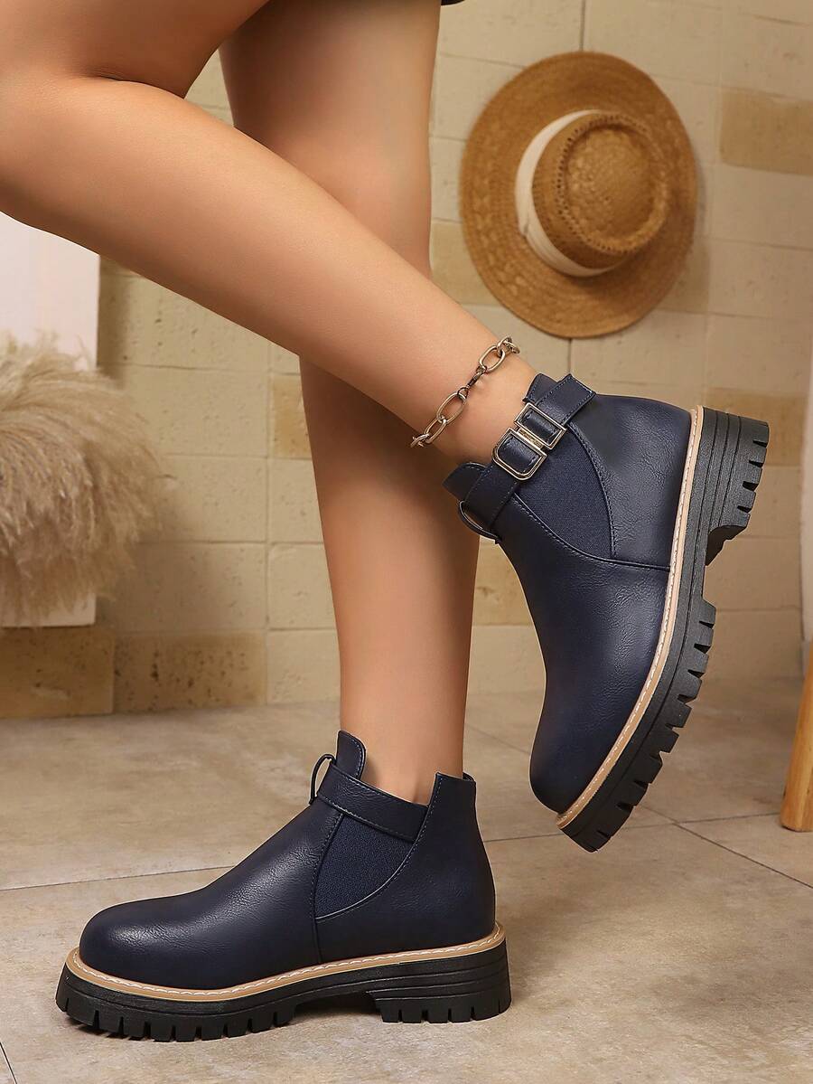 Women's British Style Boots, 2025 Autumn/Winter New Chelsea Boots, High-Top Thick-Sole Mid-Calf Boots - Blue - View 1